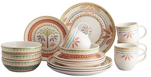 Corona Geschirrset 16-teilig Mosaik Tropisches Blumenmuster Keramik Geschirrsets | Teller, Schalen und Tassen | Service für 4 | Fiore