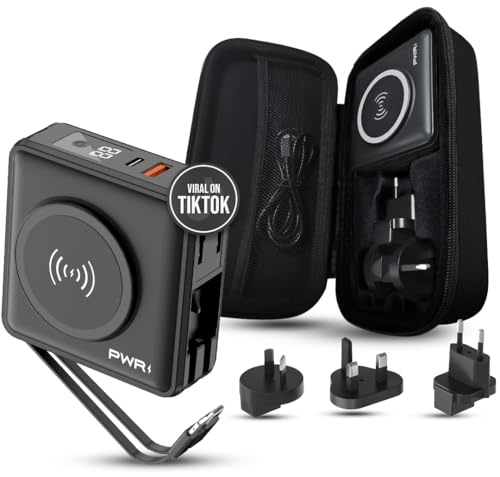 PWR Travel Pro: Tragbares Ladegerät 5-in-1 Akku 10.000 mAh Schnellladung 20 W und 15 W kabellos, inkl. Schutzhülle, kompatibel mit Lightning/Ladegerät Typ C