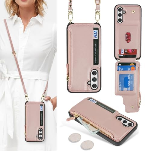 SailorTech Handyhülle für Samsung Galaxy A54 5G Etui mit Kartenfach, Samsung Galaxy A54 5G Hülle mit Verstellbarer Halskette, Samsung A54 5G Handytasche mit Reißverschluss Geldbörse-Roségold