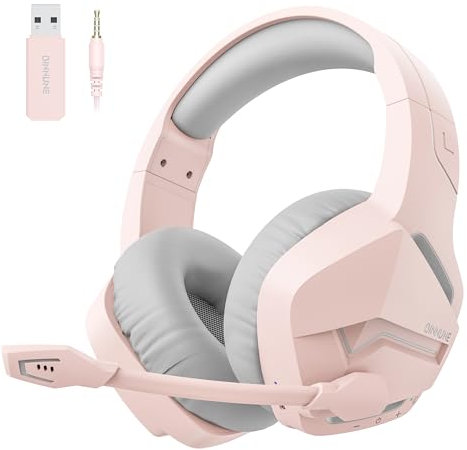 BINNUNE Casque de Jeu sans Fil avec 2,4 GHz pour PS5, PS4, PC, NS, Joueurs FPS, 120 Heures + Bluetooth 5.3 Casque de Jeu avec Microphone Antibruit, Casque de 50 mm pour Ordinateur Portable - Rose