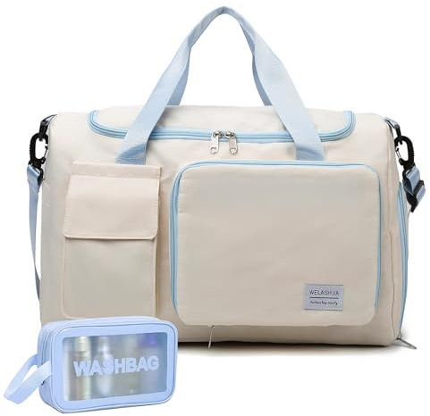 Kleine Sporttasche für Damen, Reisetasche, Handgepäck, Wochenendtasche mit Schuhfach, Z5#Weiß-Blau, Turnbeutel und Kulturbeutel