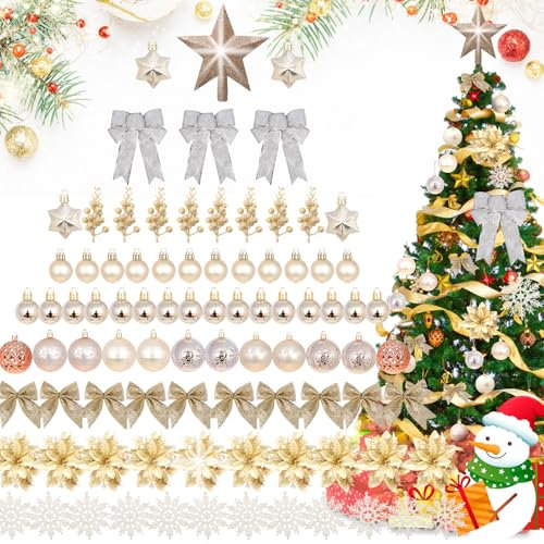 Weihnachtsbaum Deko,Christbaumschmuck Weihnachtskugeln,88 Stück Champagner Weihnachtsbaumschmuck mit Weihnachtsblumen,Schneeflocken,Schleife,Baumspitze Stern zum Weihnachtskranz,Weihnachtsgirlande