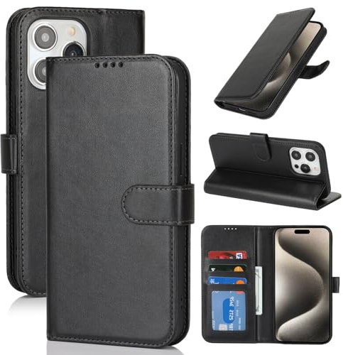 Zouzt Case for iPhone 15 Pro Max (6.7 Inch), Premium PU Leather Wallet Case with Credit Card Holder Slot Flip Folio Kickstand Shockproof Protective Phone Cover (Black)