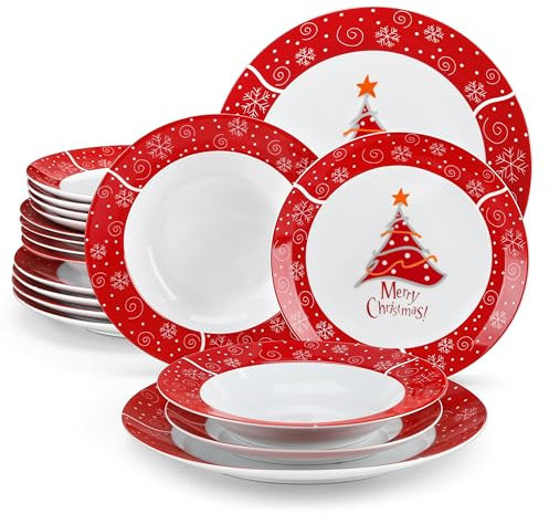 VEWEET, Série CHRISTMASTREE, Service de Table de Noël en Porcelaine, 18 Pièces pour 6 Personnes avec 6 Assiettes Plates, 6 Assiettes à Dessert, 6 Assiettes Creuses, Compatible au Lave-vaisselle