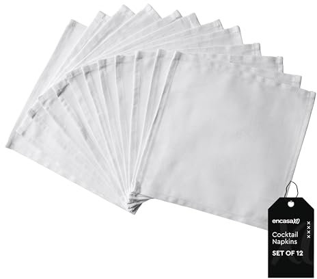 Encasa XO Cocktail-Stoffservietten Set aus 12 | Reine Baumwolltischserviette | 23x23 cm | Weiss | Maschinenwaschbar