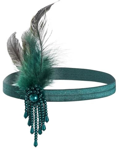 Feder Stirnband - Damen Gatsby Kostüm Accessoires, Vintage Kostümzubehör mit Kristall Quaste für Hochzeitsfeier, Karneval, Fasching & Deco Kostüm (Grün)
