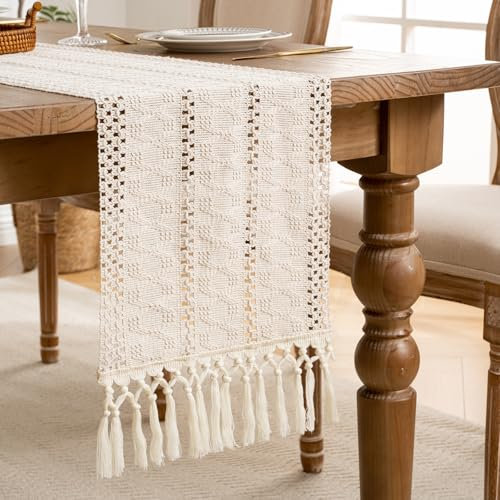 Tischläufer Beige Tischläufer Boho Tischdecke Baumwollleinen mit Quasten Waschbar Tischläufer Herbst Bauernhaus Gewebt Tisch Läufer 30X180cm für Küche Vintage Böhmische Hochzeit Tabletop Dekor