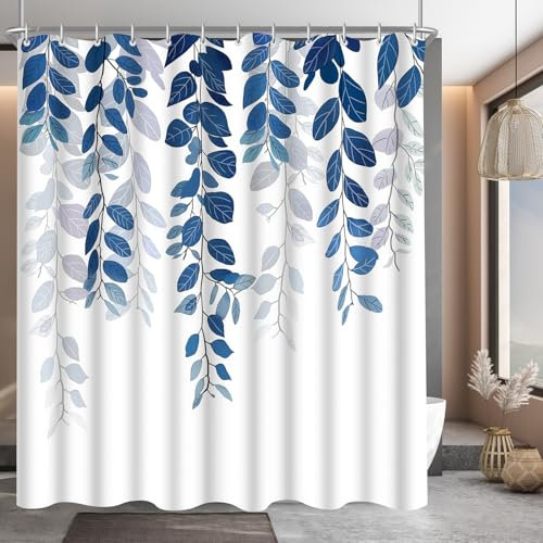 Lerores Duschvorhang 180x160cm Blaublatt, Beschwerter Saum Antischimmel Textil, Wasserabweisend, Waschbar Polyester Stoff Badevorhänge mit 12 Ösen und Duschvorhangringe für Badezimmer, Badewanne