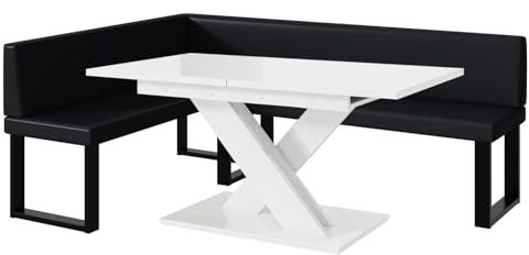MEBLINI Eckbank für Esszimmer mit ausziehbarem Tisch - Küchenbank - Essecke - Sitzecke Küche - Toni - U-Beine 142x196x87cm Links - Schwarz Kunstleder/B Weiß Hochgl.