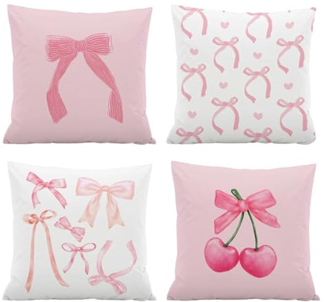 Onperpoe 4 Stück Plüsch-Kissenbezüge, 45 x 45 cm, Rosa, Blumig, Gepunktet, Aquarell-Kirschen-Muster, Wohnzimmer, Raumdekoration, Geschenke für Teenager, Mädchen, Frauen