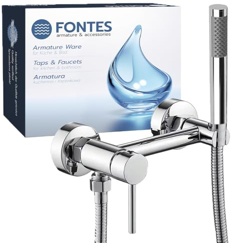 FONTES Duscharmatur mit Handbrause mit 120 cm Schlauch, Mischbatterie Dusche mit Chrom Finish, Badezimmer Armatur, Einhebel-Brausemischer-Dusche set, Brausebatterie mit Brauseschlauch