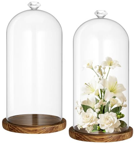 Suclain 2 Pcs 6 x 10 Inch Cloche Glass Dome with Base Bell Jar, Dark Brown