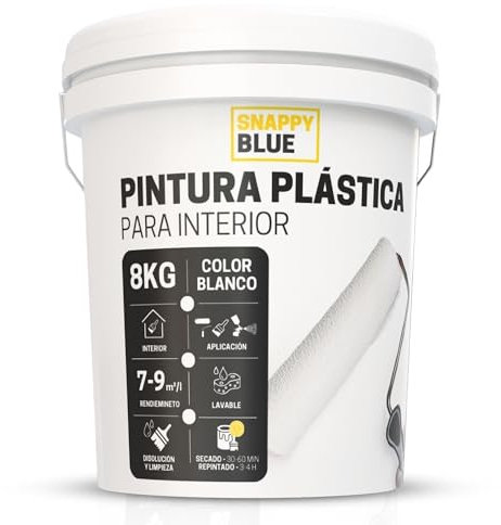 Snappy blue [8L] Pintura Blanca Interior Lavable de aspecto Mate, Pintura Plastica Blanca Interior para Múltiples Superficies con Alta Transpirabilidad, Pintura Pared (8L)