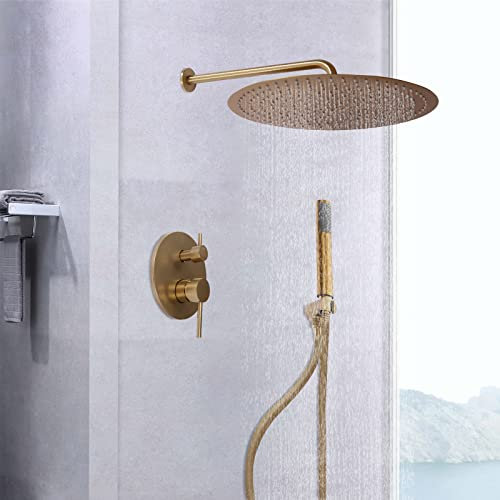 Unterputz Duscharmatur Set Gold 40cm Duschkopf Wandmontage Regendusche Komplettset Eckig Duschsystem Messing Duschset mit Handbrause für Haus Hotels