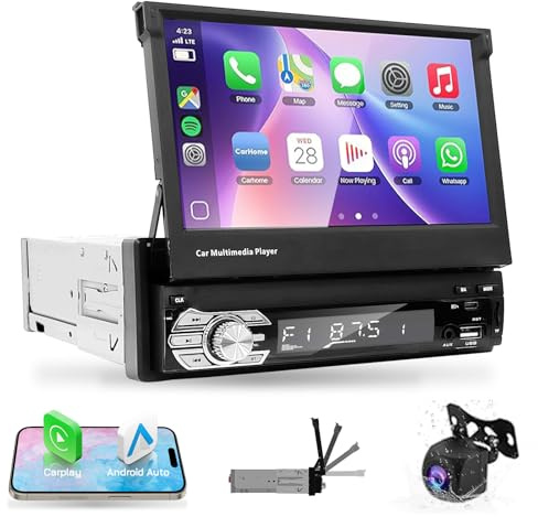 LEXXSON Autoradio 1 DIN con schermo, touch screen da 7 pollici con schermo retrattile con CarPlay Android Auto Telecamera posteriore Bluetooth Comandi al volante Radio FM USB-C AUX TF