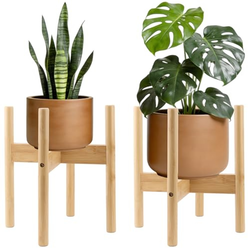KOHAND Set of 2 Wooden Plant Stand, 25cm Bamboo Plant Holders Indoor, Mid-Century Modern Wooden Flower Pot Holder for Indoor Outdoor Home Office Garden