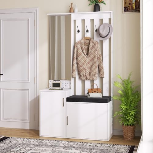 KSFASHZ Eingangsschrank Mit Spiegel, Eingangsschrank Ankleidezimmer, Schrank, Außentür, Mantel Und Schuhe, 100 X 40 X 180 Cm, Weiß