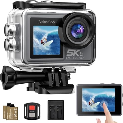 Ruycllo Action Cam 5K/4K 50MP Fotocamera Subacquea, Dual Screen Videocamera con Stabilizzatore EIS, WiFi, 2 Batterie, Grandangolo 170° per Immersioni, Vlog, Telecamera Moto-Senza Scheda di Memoria