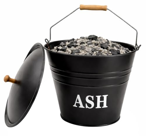 BH | 12L Ash Bucket with Lid | 3.2 Gallons | Pack of 1 | Fireplace Ash Container with Lid & Wooden Handle | Heat Resistant Black Ash Storage Bin for Wood Stove, Fire Pit, BBQ and Coal - by Best House