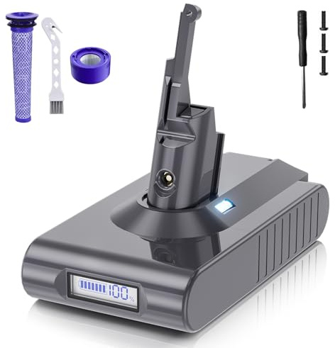 V8 Akku für Dyson 8000mAh Li-Ion Ersatzakku für Dyson V8 SV10 Animal Absolute Fluffy Motorhead Total Clean Staubsauger mit LCD-Batterieanzeige (2 Filter+1 Schraubendreher+3 Schrauben+1 Bürste)