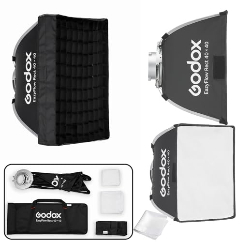 Godox EazyFlow Rect 40x40cm Softbox med Grid & Metall Bowens-fattning | Snabb hopfällbar paraplymekanism med metall Bowens-ring för studioblixtar och produktfotografering.