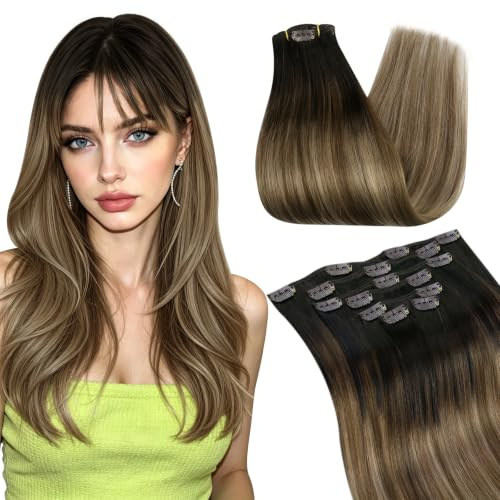 Ugeat Clip in Hair Extensions 22 Inch Brown Balayage Remy Hair #2/6/12 120g | Human Hair Clip in Extensions, Dark Brown Ombre, Medium Brown Mix Golden Brown, Double Weft, Natural Blend, Long Hair Style