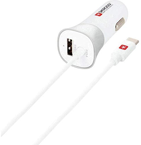 SKROSS USB Car Charger with USB Type-C Connector (2.0) - Fast Charging, Dual Port for Simultaneous Charging, Swiss-Engineered for Reliable Power On-the-Go (White)