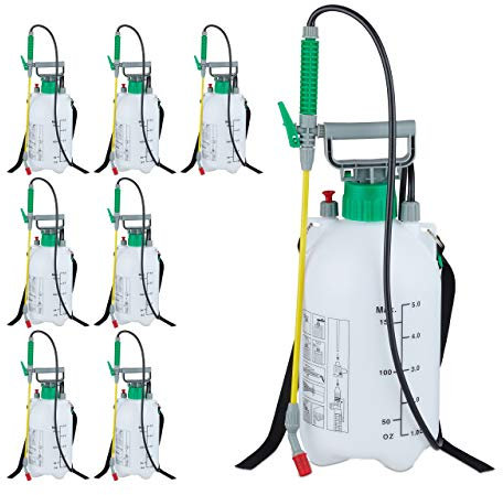 Relaxdays Set of 8 Pressure Sprayers 5L 8er Set Drucksprüher 5 Liter Sprühdose Schlauch & Gießlanze Pumpwirkung Garten verstellbar, 70 30% Kunststoff, Weiß, Grün, Gelb, 5 l