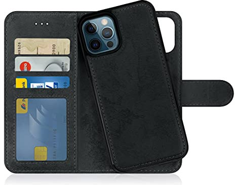 MyGadget Flip Case für iPhone 12 Pro Max - [ abnehmbare Magnet Hülle ] - Handyhülle aus Kunstleder - [ Klapphülle mit Kartenfach ] Schutzhülle in Grau Schwarz