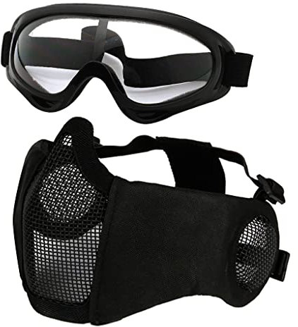Hodeacc Ensemble Masque et Lunettes pour Airsoft,Demi-Visage en Maille métallique avec Protection des Oreilles, Lunettes Anti-UV pour Airsoft,Protection des Yeux pour extérieur Chasse,Jeu CS