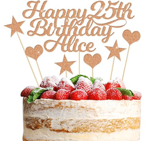Happy Birthday Cake Topper Personalised 3 Star 3 Heart Customised Any Name Party Cake Decoration Gift Card 1st 18th 21st 30th 45th 60th 80th 100th for Girl Boy Mom Dad Grandparent Rose Gold