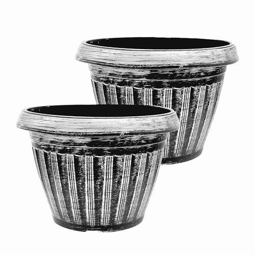 SG Traders Plant Pot Large Round Plastic Planter for Garden Flower Pots with Drainage Holes for Indoor and Outdoor Container for Houseplants, Blackish Silver & Gold wash,26cm,31cm,34cm,36cm(Pack of 2)
