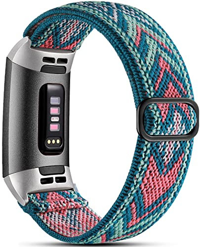 Dirrelo Stretchy Strap Compatible with Fitbit Charge 3/4, Soft Adjustable Elastic Replacement with Stylish Pattern, Nylon Woven Sport Wristband for Women Men, Green Arrow
