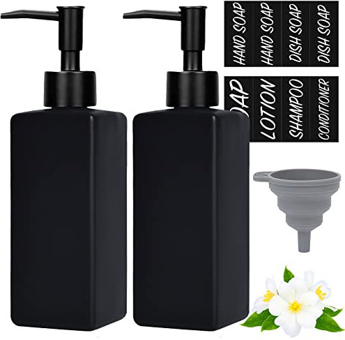 Matt-Schwarz Glas Seifenspender, 350ml Nachfüllbare Pumpspender, Spülmittel Flasche mit 8 Etiketten, 2 Untersetzer, Vintage-Soap Dispenser für Bad Dusche Arbeitsplatte Küche, Quadratisch