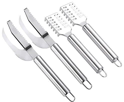 Klyuqoz Fischschuppen-Messer, Fischschuppen-Entferner 4 Stück, Edelstahl 3-in-1 Fischentkalker Werkzeug, Fischschäler Offener Bauch und Dig Out Fisch Reiniger Werkzeug Küchenzubehör