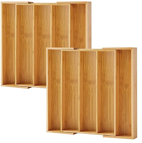 Purawood 2 PACK Large Premium Bamboo Silverware Organizer - Expandable Kitchen Drawer Organizer and Utensil Organizer - 17.5x19.75 Cutlery Tray with Dividers for Kitchen Utensils and Flatware…