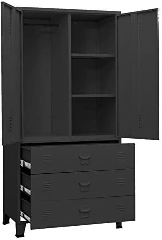 Susany Industrial Kleiderschrank Garderobenschrank Schlafzimmerschrank Metallschrank Lagerschrank Mehrzweckschrank Schrank mit Schubladen Einlegeböden Kleiderstange Schwarz 90x50x180 cm Metall