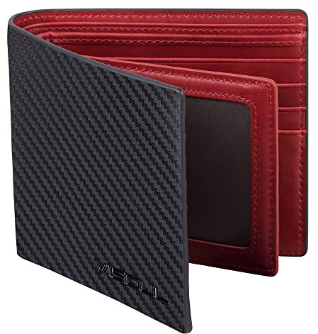 VISOUL Portafoglio Uomo Vera Pelle Portamonete Slim con Protezione RFID, Portafoglio Bifold da Uomo con 8 Porta Carte di Credito, 2 Scomparti Banconote e 2 Finestre ID (Carbonio Nero+Rosso)
