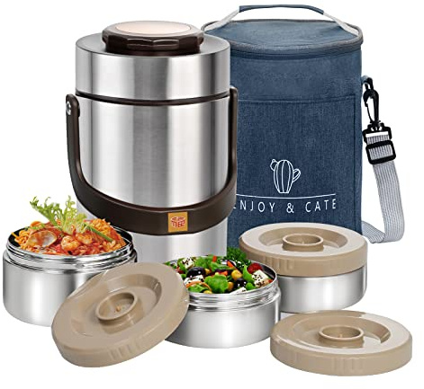 Pawovdeq 67 oz Adults Stainless Steel Vacuum Insulated Wide Mouth Soup Food Thermo Hot Food Jar with Keep Thermal Portable 3 Tier Stackable Bento Hot Food Containers Lunch Boxes (67 oz Silver)