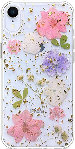 Abbery for iPhone XR Case Clear with Pressed Pink Flower Design Cute Sparkle Soft TPU Rubber Dried Real Purple White Floral Aesthetic Women Girl's Protective Phone (Glitter Pink Flower)