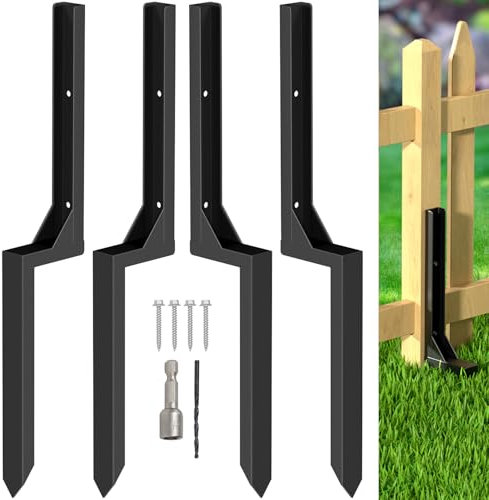 WIMART Fence Post Repair Kit, Heavy Duty Steel Fence Post Anchor Ground Spike for Repair Tilted, Broken Wood Fence Post (Black - Set 4)