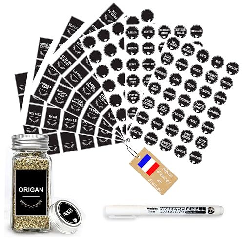 Étiquettes Épices Français pour Bocaux – 200 Stickers Autocollants Noirs – Rondes & Rectangulaires – Marqueur Blanc Inclus – Cuisine Organisée & Lisible