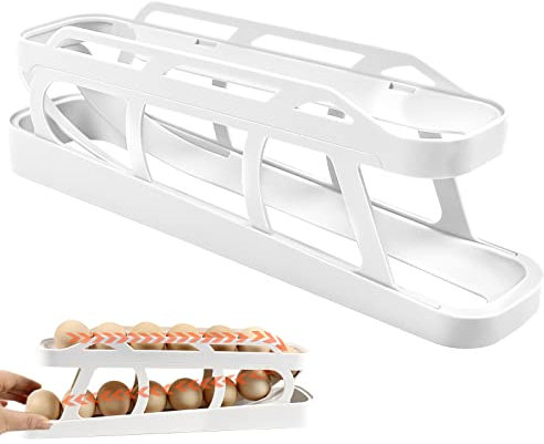 Egg Dispenser Fridge 14.17x3.26x4.3in, Rolling Egg Holder Fridge Double-layer Egg Storage Rack, Egg Container For Fridge Detachable Egg Dispenser For Refrigerator For 12-14 Eggs (White)