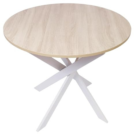 Skraut Home - Mesa Comedor Fija Redonda | 90 x 90 x 77 cm | Capacidad hasta 4 Personas | Materiales Resistentes | Modelo Zen (90cm, Roble + Patas Blancas)