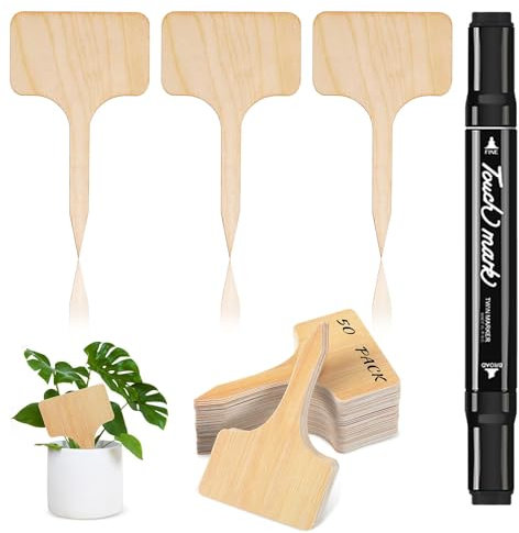 Pack of 50 Plant Signs for Outdoors, Premium Wood, Environmentally Friendly Plant Stakes, 6 x 10 cm, T-type Weatherproof Plant Signs with 1 Marker Pen, for Propagation Pots, Seedlings and Cuttings