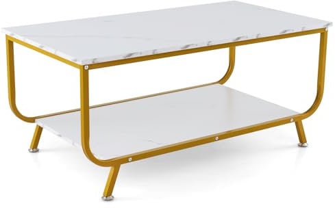 COSTWAY 2-Tier Coffee Table, Faux Marble Cocktail Tea Center Table with Storage Shelf, Metal Frame Modern Accent Sofa End Side Tables for Living Room, Bedroom and Office (White+Gold)