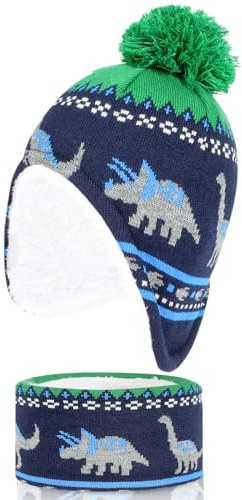 QKURT Cappello e Sciarpa per Ragazzi, Sciarpa Calda Invernale Lavorata a Maglia per Bambini, Cappello in Pile, Berretto con Pompon con Paraorecchie, Set per la Stagione Fredda per 1-4 Anni