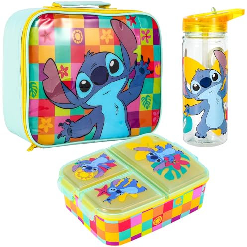 Zawadi Global Stitch Kids - Juego de lonchera para niños, bolsa de almuerzo aislada, lonchera multicompartimento y botella de agua de 580 ml, juego de comida para el almuerzo de viaje escolar, sin BPA