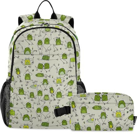 linqin Funny Frogs Rucksack mit Lunchbox für Jungen Jungen Schulrucksack mit Lunchbox Rucksack für Mädchen 9-10 Jahre, Lustige Frösche, (11.8 x 6.3 x 18.5) + (9 x 5.1x 5.5), Tagesrucksäcke
