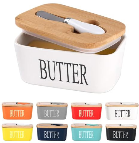 Porcelain Butter Dish, European Size Ceramic Butter Container with Wooden Lid, Butter Container with High Quality Silicone Seal, Perfect for Butter, Nuts, Cheese, 650ml